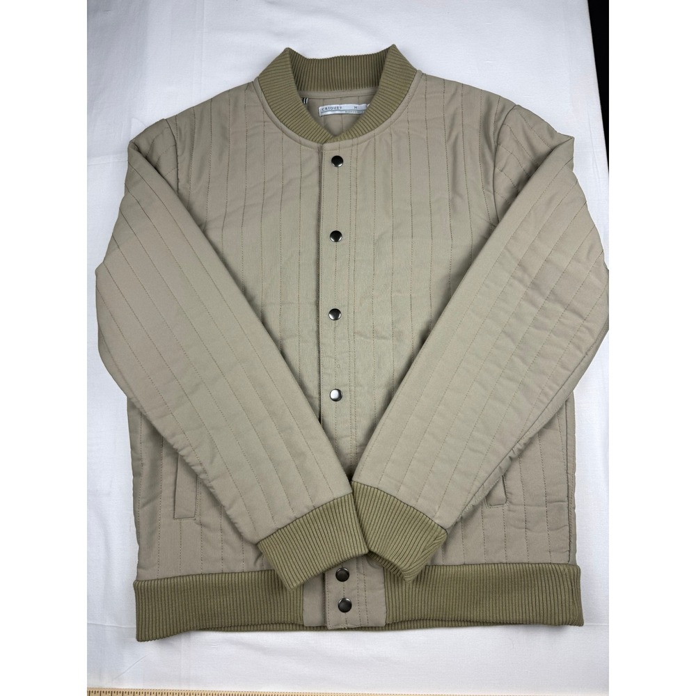 Criquet Quilted Bomber Jacket M Tan Vertical Channel Snap Front Rib Knit Trim
